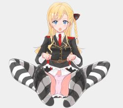Rule 34 | 1girl, absurdres, artist request, blonde hair, blue eyes, feet, foot focus, high school fleet, highres, lifted by self, long hair, looking at viewer, panties, simple background, soles, solo, striped clothes, striped thighhighs, thighhighs, toes, underwear, wilhelmina braunschweig ingenohl friedeburg