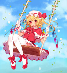 Rule 34 | 1girl, absurdres, bad id, bad pixiv id, blonde hair, blush, bow, capelet, dress, flandre scarlet, flower, footwear bow, gloves, gradient background, hat, hat bow, high heels, highres, kitada mo, looking at another, mob cap, plant, red eyes, shoes, solo, swing, thighhighs, touhou, vines, white gloves, white thighhighs, wings