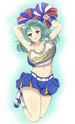 Rule 34 | 1girl, absurdres, arms up, bare hips, bare legs, bare shoulders, bashou (senran kagura), belt, bouncing breasts, breasts, cheerleader, cheerleader uniform, cheerleading, cleavage, full body, green hair, highres, jumping, large breasts, legs, looking at viewer, miniskirt, open mouth, pom pom (cheerleading), purple eyes, senran kagura, short hair, skirt, smile, socks, solo, sweat, nervous sweating, thick thighs, thighs