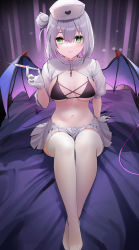 Rule 34 | 1girl, azur lane, bat wings, bed, black bra, bra, breasts, closed mouth, demon tail, gloves, green eyes, grey hair, hair between eyes, hat, highres, holding, holding syringe, looking at viewer, manchester (azur lane), manchester (midnight devil in white) (azur lane), medium breasts, navel, nurse, nurse cap, official alternate costume, on bed, qing wu, short hair, skirt, solo, stomach, syringe, tail, thighhighs, underwear, white gloves, white skirt, white thighhighs, wings