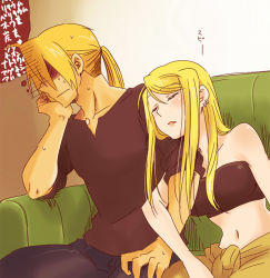 Rule 34 | 1boy, 1girl, arm hug, arm rest, bad id, bad pixiv id, bare arms, bare shoulders, black shirt, blonde hair, breasts, closed eyes, couch, couple, earrings, edward elric, faceless, faceless male, fullmetal alchemist, green upholstery, hand rest, head rest, hetero, hug, jewelry, jumpsuit, leaning, leaning on person, leaning right, long hair, midriff, navel, neck, open mouth, pants, ponytail, rikko (peso), scar, shiny skin, shirt, shy, sitting, sleeping, strapless, sweatdrop, translation request, tube top, winry rockbell