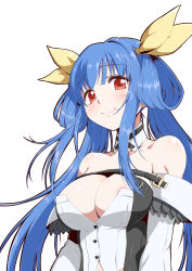 Rule 34 | 1girl, angel, arc system works, areola slip, bare shoulders, black choker, blue hair, blush, breasts, bustier, choker, cleavage, closed mouth, collarbone, detached sleeves, dizzy (guilty gear), guilty gear, guilty gear xrd, hair ribbon, hair rings, highres, kyo9999, long hair, looking at viewer, medium breasts, red eyes, ribbon, simple background, smile, solo, twintails, updo, upper body, yellow ribbon