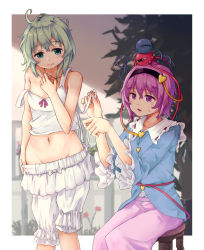 Rule 34 | 2girls, ahoge, bare arms, bare shoulders, bloomers, blouse, blue eyes, blue shirt, blurry, breasts, camisole, commentary request, cowboy shot, day, depth of field, dressing, dressing another, embarrassed, flower, frilled shirt collar, frilled sleeves, frills, frown, green hair, hair between eyes, hairband, hand on own chest, holding bloomers, komeiji koishi, komeiji satori, lavender skirt, looking at another, looking down, messy hair, midriff, multiple girls, mumyuu, navel, open mouth, outdoors, pink hair, purple eyes, shirt, short hair, siblings, sisters, sitting, small breasts, standing, stool, strap slip, sweatdrop, third eye, touhou, tree, underwear, underwear only
