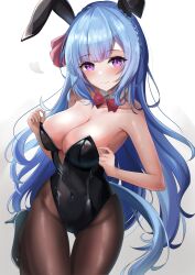 Rule 34 | 1girl, absurdres, alternate costume, animal ears, bare shoulders, black leotard, black pantyhose, blue hair, blush, braid, breasts, cleavage, closed mouth, commentary request, crown braid, ear covers, ear ornament, high heels, highleg, highleg leotard, highres, horse ears, horse girl, horse tail, large breasts, leotard, long hair, looking at viewer, mejiro ardan (umamusume), nontraditional playboy bunny, pantyhose, purple eyes, simple background, smile, solo, strapless, strapless leotard, tail, umamusume, very long hair, waity awa, white background