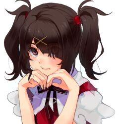 Rule 34 | 1girl, ame-chan (needy girl overdose), black hair, black nails, black ribbon, closed mouth, collar, collared shirt, flypopo, hair ornament, hair over one eye, hair tie, hands on own chin, highres, looking at viewer, neck ribbon, needy girl overdose, purple eyes, red shirt, revision, ribbon, shirt, simple background, solo, twintails, upper body, white background, white collar, x hair ornament