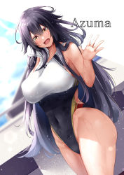Rule 34 | 1girl, ahoge, azuma (azur lane), azur lane, black hair, black one-piece swimsuit, blush, breasts, character name, competition swimsuit, covered navel, day, hair between eyes, highleg, highres, large breasts, long hair, looking at viewer, one-piece swimsuit, open mouth, oriue wato, smile, solo, swimsuit, thighs, towel, white one-piece swimsuit, yellow eyes