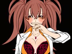 Rule 34 | 1girl, blush, bra, breasts, brown hair, dark background, dr. arach, highres, lab coat, lace, lace bra, large breasts, long hair, looking to the side, metarogu, non-web source, official art, orange vest, tsukihime, tsukihime (remake), underwear, vest, yellow eyes