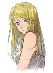 Rule 34 | 1girl, bare arms, bare shoulders, blonde hair, blue eyes, fullmetal alchemist, long hair, looking at viewer, looking back, riru, shirt, simple background, smile, solo, white background, white shirt, winry rockbell