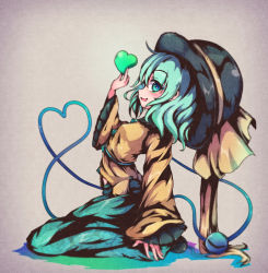Rule 34 | 1girl, black footwear, black hat, blouse, brown background, chinese commentary, frilled sleeves, frills, from side, green eyes, green hair, green skirt, hat, heart, heart of string, highres, holding, holding heart, komeiji koishi, leaning back, long sleeves, looking at viewer, looking to the side, medium hair, open mouth, shen li, shirt, sitting, skirt, solo, touhou, wide sleeves, yellow shirt