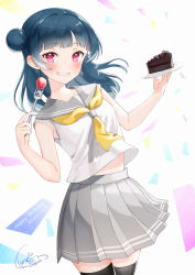 Rule 34 | 1girl, absurdres, black thighhighs, blue hair, blush, cake, cake slice, commentary request, dated, food, fork, fruit, grey sailor collar, grey skirt, grin, hair bun, happy birthday, highres, holding, holding fork, holding saucer, long hair, looking at viewer, love live!, love live! sunshine!!, pleated skirt, purple eyes, sailor collar, saucer, segawa luna, shirt, side bun, signature, single hair bun, single side bun, skirt, smile, solo, strawberry, thighhighs, tsushima yoshiko, white background, white shirt, yellow neckwear