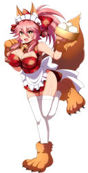 Rule 34 | 1girl, afuro, animal ear fluff, animal ears, animal hands, bare shoulders, bell, blush, breasts, cat paws, china dress, chinese clothes, cleavage, collar, dress, fangs, fate/grand order, fate (series), food, fox ears, fox girl, fox tail, full body, gloves, hair ornament, hair ribbon, jingle bell, large breasts, long hair, looking at viewer, maid headdress, neck bell, paw gloves, paw shoes, pink hair, ponytail, ribbon, shoes, simple background, solo, tail, tamamo (fate), tamamo cat (fate), white background, white legwear