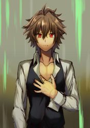 Rule 34 | 1boy, ahoge, bad id, bad twitter id, brown hair, fate/apocrypha, fate (series), hair between eyes, highres, looking at viewer, male focus, necktie, nyorotono, pectorals, red eyes, shirt, sieg (fate), simple background, solo, type-moon, white shirt
