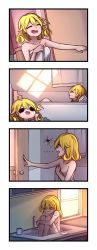 Rule 34 | ..., 1girl, 3:, 4koma, :d, ^ ^, bathing, bathroom, blonde hair, breasts, bug, closed eyes, comic, commentary, curly hair, door, english commentary, closed eyes, green eyes, highres, imagining, indoors, kitchen, hugging own legs, medium hair, naked towel, nude, open mouth, original, sink, sitting, small breasts, smile, soap, soap bubbles, speckticuls, spider, towel, water, window