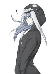 Rule 34 | 1girl, abyssal ship, alternate costume, black jacket, colored skin, commentary request, expressionless, from side, green eyes, highres, hood, hood up, hooded jacket, jacket, kantai collection, long hair, long sleeves, looking at viewer, niwatazumi, silver hair, simple background, solo, translation request, upper body, white background, white skin, wo-class aircraft carrier