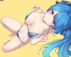 Rule 34 | 1girl, areola slip, artist name, barefoot, bikini, bikini pull, blue eyes, blue hair, breasts, closed mouth, clothes pull, ddangbi, korean commentary, large breasts, league of legends, long hair, looking at viewer, lying, navel, on back, pulled by self, simple background, sona (league of legends), stomach, strap pull, swimsuit, twintails, undressing, wavy mouth, wet, yellow background