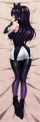 Rule 34 | 1girl, absurdres, ass, bare shoulders, bed, black bow, black hair, blake belladonna, boots, bow, breasts, cat girl, coattails, dakimakura (medium), hair bow, highres, incredibly absurdres, large breasts, legs, long hair, looking at viewer, looking back, lying, on back, on stomach, purple thighhighs, ravenravenraven, rwby, short shorts, shorts, sleeveless, solo, thigh gap, thighhighs, thighs, white shorts, yellow eyes