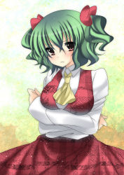 Rule 34 | 1girl, alternate hairstyle, ascot, blush, breast hold, breasts, crossed arms, female focus, frown, green hair, hair ribbon, highres, kazami yuuka, plaid, plaid skirt, plaid vest, red eyes, ribbon, shirt, skirt, skirt set, solo, suzuki nene, touhou, twintails, unmoving pattern, vest
