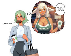 Rule 34 | 2girls, alternate costume, animal ears, apron, artist name, ash (fire emblem), bag, black pants, bread slice, breasts, brown eyes, cleavage, coffee cup, commentary, cow girl, cow horns, cowboy shot, cup, dark-skinned female, dark skin, disposable cup, earrings, embarrassed, english commentary, english text, facing viewer, female focus, fire emblem, fire emblem heroes, food, formal, gradient hair, green apron, green hair, handbag, horns, iced latte with breast milk (meme), imagining, jewelry, laegjarn (fire emblem), large breasts, medium breasts, meme, meziosaur, mouth hold, multicolored hair, multiple girls, nintendo, pants, red eyes, silver hair, simple background, sleeveless, speech bubble, standing, starbucks, suit, text focus, thought bubble, toast, white background