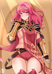 Rule 34 | 1girl, belt, black gloves, blush, breasts, cape, celica (fire emblem), curvy, female focus, fingerless gloves, fire emblem, fire emblem awakening, fire emblem echoes: shadows of valentia, gloves, gluteal fold, highres, large breasts, long hair, matching hair/eyes, nintendo, parted lips, pink eyes, pink hair, red shorts, revealing clothes, revolverwing, short shorts, shorts, sideboob, smile, solo, tabard, thighhighs, tiara, underboob