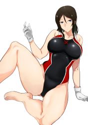 Rule 34 | 1girl, absurdres, arm support, barefoot, black hair, black one-piece swimsuit, blue eyes, breasts, commentary, competition swimsuit, emblem, girls und panzer, gloves, half-closed eyes, highres, large breasts, leaning to the side, long hair, looking at viewer, nokogiriotoko, nonna (girls und panzer), one-piece swimsuit, pravda (emblem), simple background, sitting, skindentation, solo, swept bangs, swimsuit, white background, white gloves