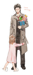 Rule 34 | 1boy, 1girl, bad id, bad pixiv id, belt, brown hair, coat, english text, father and daughter, full body, gift, hand on another&#039;s head, lily castellanos, merry christmas, necktie, sebastian castellanos, simple background, slippers, snow, the evil within, trench coat, white background, yasuda (fareast blade)