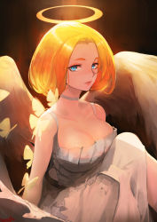 Rule 34 | 1girl, absurdres, angel wings, artist name, bamuth, blush, breasts, bug, butterfly, cleavage, commentary, dress, feathered wings, grey choker, grey dress, halo, highres, bug, large breasts, looking at viewer, original, solo, white wings, wings