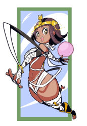 Rule 34 | 1girl, alternate costume, armpits, artist request, bandaged arm, bandaged leg, bandages, bare shoulders, blue eyes, blush stickers, cosplay, curvy, dark-skinned female, dark skin, egyptian, fingerless gloves, full body, gloves, jumping, looking at viewer, menat, mummy (cosplay), mummy costume, naked bandage, official alternate costume, open mouth, purple hair, sarashi, simple background, smile, solo, street fighter, street fighter v, thighhighs, tiara, tiptoes, toeless legwear, toes, wide hips