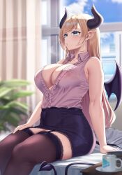Rule 34 | 1girl, bare shoulders, black horns, blonde hair, blue eyes, bra visible through clothes, breasts, cleavage, cloud, collared shirt, cup, curtains, demon girl, demon horns, demon tail, demon wings, dress shirt, feet out of frame, highres, hololive, horn ornament, horn ring, horns, hot, lab coat, lace, lace-trimmed thighhighs, large breasts, long hair, miniskirt, moisture (chichi), mug, no bra, partially unbuttoned, pink shirt, plant, pointy ears, see-through, shirt, shirt tucked in, sidelocks, single sidelock, sitting, skirt, sky, sleeveless, sleeveless shirt, solo, sweat, sweaty clothes, swept bangs, tail, thighhighs, virtual youtuber, wet, wet clothes, wet shirt, window, wings, yuzuki choco, yuzuki choco (1st costume)