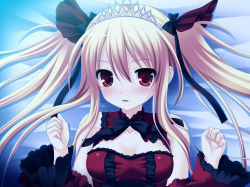 Rule 34 | 1girl, bare shoulders, blonde hair, bloody rondo, blush, breasts, female focus, game cg, hair ornament, hair ribbon, lolita fashion, long hair, looking at viewer, luna freed queen, lying, makita maki, on back, open mouth, red eyes, ribbon, solo, tiara, twintails