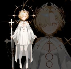 Rule 34 | 1girl, arms at sides, blonde hair, breasts, bright pupils, clenched hands, closed mouth, coat, cross, curtained hair, dot nose, dress, epaulettes, facing viewer, full body, hair over one eye, highres, holding, holding staff, latin cross, laurel crown, long sleeves, looking to the side, original, pantyhose, parted bangs, pigeon-toed, pleated dress, ryuuforkaf, short hair, sleeves past wrists, small breasts, smile, staff, stole, straight-on, symbol-shaped pupils, white coat, white dress, white footwear, white pantyhose, white pupils, white sleeves, yellow eyes, zoom layer