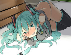 1girl aqua_eyes aqua_hair artistic_error bad_id bad_pixiv_id bdsm black_thighhighs blush bondage bound clenched_teeth female_focus hatsune_miku long_hair lying necktie nekonekoyukai panties solo tears teeth thighhighs twintails underwear vocaloid