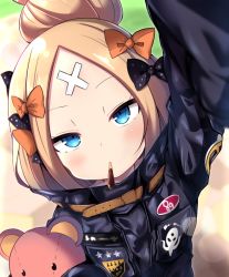 Rule 34 | 1girl, abigail williams (fate), abigail williams (traveling outfit) (fate), arm up, black bow, black jacket, blonde hair, blue eyes, blush, bow, commentary request, crossed bandaids, dutch angle, fate/grand order, fate (series), food, hair bow, hair bun, heroic spirit traveling outfit, jacket, long hair, long sleeves, looking at viewer, hugging object, official alternate costume, orange bow, parted bangs, pocky, pocky kiss, polka dot, polka dot bow, reaching, reaching towards viewer, shared food, shiki (catbox230123), single hair bun, sleeves past fingers, sleeves past wrists, solo, star (symbol), stuffed animal, stuffed toy, teddy bear, upper body