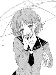 Rule 34 | 1girl, baburo, bad id, bad pixiv id, cardigan, carrying over shoulder, character request, eyelashes, flat chest, flower, greyscale, hair over one eye, hair strand, head tilt, holding, holding flower, holding umbrella, long sleeves, looking at viewer, monochrome, necktie, pinky out, school uniform, serafuku, short hair, simple background, smile, solo, transparent, transparent umbrella, umbrella, upper body, world trigger