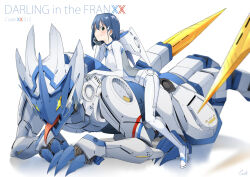 Rule 34 | 1girl, :|, blue hair, blush, bob cut, bodysuit, breasts, character name, chicke iii, closed mouth, commentary, copyright name, darling in the franxx, delphinium (darling in the franxx), from side, full body, green eyes, hair between eyes, hair ornament, hairclip, highres, hood, hood down, ichigo (darling in the franxx), leaning forward, looking at viewer, looking to the side, mecha, on mecha, pilot suit, reflection, robot, serious, short hair, small breasts, solo, symbol-only commentary, tongue, tongue out, v-shaped eyebrows, white background, white bodysuit