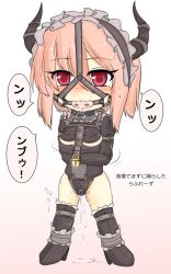 Rule 34 | 1girl, arms under breasts, ball gag, chibi, drooling, gag, gagged, gatling raid, harness gag, highres, horns, lock, looking at viewer, moaning, original, pink eyes, pink hair, pussy juice, restrained, saliva, solo, straitjacket, thighhighs, translation request, wings