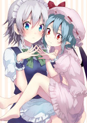 Rule 34 | 2girls, apron, asagi yuna, bad id, bad pixiv id, barefoot, bat wings, blue dress, blue eyes, blue hair, braid, dress, feet, fingers together, hat, hat ribbon, highres, izayoi sakuya, looking at viewer, maid, maid apron, maid headdress, midriff, mob cap, multiple girls, navel, open clothes, open shirt, pointy ears, puffy sleeves, red eyes, remilia scarlet, ribbon, shirt, short sleeves, silver hair, sitting, sitting on lap, sitting on person, skirt, skirt set, soles, steepled fingers, toes, touhou, twin braids, waist apron, wings, wrist cuffs