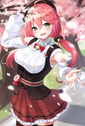 Rule 34 | 1girl, absurdres, ahoge, alternate hairstyle, bell, black hat, blush, cherry blossoms, green eyes, hair ornament, hairclip, hat, highres, holding, holding clothes, holding hat, hololive, huge filesize, long hair, official alternate costume, open mouth, outdoors, petals, pink hair, ringopan, sakura miko, sakura miko (casual), skirt, solo, tree, twintails, virtual youtuber