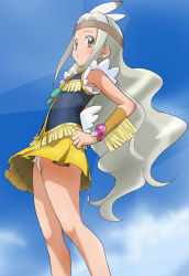 Rule 34 | 10s, 1girl, armpits, blue background, blue sky, bomber girls precure, cloud, day, earrings, feather hair ornament, feathers, flat chest, fringe trim, grey eyes, grey hair, grey haired cure (bomber girls precure) (happinesscharge precure!), feather hair ornament, happinesscharge precure!, haruyama kazunori, headband, jewelry, legs, loincloth, long hair, looking afar, miniskirt, panties, pantyshot, precure, skirt, sky, sleeveless, solo, underwear, upskirt, wavy hair, white panties, wings, wristband