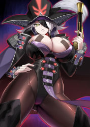 Rule 34 | 10s, 1girl, bad id, bad tumblr id, black footwear, black leotard, black pantyhose, boots, breasts, cleavage, coat, dahut (fate), derauea, eyepatch, fate/extra, fate (series), francis drake (fate), grey hair, gun, hand on own hip, hat, hip focus, holding, holding gun, holding weapon, huge breasts, jacket, jacket on shoulders, leotard, looking at viewer, open clothes, open coat, pantyhose, parted lips, pelvic curtain, pirate princess dahut, solo, thick thighs, thighhighs, thighs, tsurime, weapon, weapon request, yellow eyes