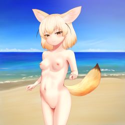 Rule 34 | 10s, 1girl, ancroid, animal ears, bad id, bad pixiv id, blonde hair, blue sky, blush, brown eyes, cloud, cowboy shot, day, fennec (kemono friends), fox ears, fox tail, highres, horizon, kemono friends, light smile, looking at viewer, navel, nipples, nude, ocean, outdoors, shore, sky, solo, tail