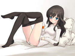 Rule 34 | 1girl, black hair, black pantyhose, blue eyes, clothes pull, elizabeth f. beurling, glass, legs, long hair, mirutsu (milts), panties, pantyhose, pantyhose pull, solo, strike witches, strike witches: suomus misfits squadron, underwear, world witches series
