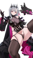 Rule 34 | 1girl, absurdres, black gloves, black panties, black thighhighs, breasts, garter straps, gloves, goddess of victory: nikke, grey hair, highres, kuyoumi, large breasts, long sleeves, looking at viewer, modernia (nikke), modernia (second affection) (nikke), panties, red eyes, simple background, smile, solo, spread legs, thick thighs, thighhighs, thighs, underwear, weapon, white background