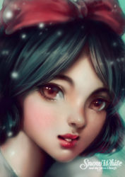 Rule 34 | 1girl, black hair, brown eyes, commentary, copyright name, highres, lips, looking at viewer, nose, parted bangs, parted lips, portrait, red lips, snow white (disney), snow white and the seven dwarfs, solo