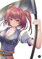 Rule 34 | 1girl, absurdres, breasts, cleavage, closed mouth, coin, commentary, hair bobbles, hair ornament, highres, holding, holding scythe, large breasts, obi, onozuka komachi, red eyes, red hair, sash, scythe, short sleeves, simple background, smile, solo, tofuandsoup, touhou, two side up, upper body, white background