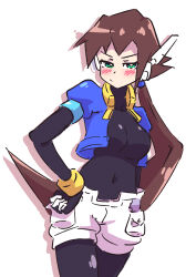 Rule 34 | 1girl, absurdres, aile (mega man zx), black bodysuit, blush, bodysuit, breasts, brown hair, buzzlyears, cropped jacket, female focus, green eyes, heart, highres, jacket, large breasts, layered sleeves, long hair, mega man (series), mega man zx, mega man zx advent, midriff, navel, open clothes, open jacket, ponytail, robot ears, shorts, skin tight, tagme