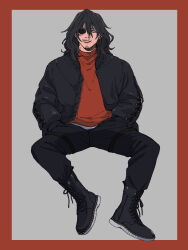 Rule 34 | 1boy, alternate costume, bags under eyes, black footwear, black pants, bloodshot eyes, boku no hero academia, boots, border, closed mouth, cross-laced footwear, eraser head (boku no hero academia), eyepatch, facial hair, goatee, grey background, hair between eyes, hands in pockets, highres, invisible chair, lace-up boots, long hair, long sleeves, looking to the side, male focus, messy hair, mustache, pants, red border, red shirt, rnuyvm, scar, scar across eye, shirt, sitting, solo, sparse stubble