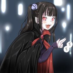 Rule 34 | 1boy, 1girl, black hair, brooch, cape, dress, fangs, fingernails, happy, high collar, jewelry, one side up, original, own hands together, pointy ears, purple dress, red eyes, slit pupils, smile, solo, speech bubble, tongue, translation request, v, vampire, yozora
