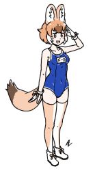Rule 34 | 1girl, acesrulez, alternate costume, animal ears, bare shoulders, blue one-piece swimsuit, blush, boots, brown thighhighs, commentary request, dhole (kemono friends), dog ears, dog girl, dog tail, gloves, kemono friends, name tag, one-piece swimsuit, salute, school swimsuit, sleeveless, solo, swimsuit, tail, thighhighs, translation request, two-tone legwear, white footwear, white gloves, white thighhighs, zettai ryouiki