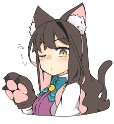 Rule 34 | 1girl, animal ears, animal hands, aqua bow, aqua bowtie, bell, black hair, blush, bow, bowtie, cat ears, cat paws, cat tail, collared shirt, gloves, highres, jingle bell, kantai collection, long hair, long sleeves, macbail, multicolored hair, naganami (kancolle), one-hour drawing challenge, one eye closed, parted lips, paw gloves, pink hair, shirt, simple background, solo, tail, upper body, white background, white shirt, yellow eyes