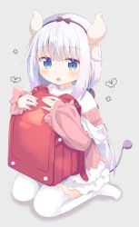 Rule 34 | 1girl, :o, backpack, bag, black hairband, blue eyes, commentary request, dragon horns, dress, full body, gradient hair, grey background, hairband, highres, horns, kanna kamui, kobayashi-san chi no maidragon, long hair, long sleeves, looking at viewer, low twintails, multicolored hair, nakkar, no shoes, hugging object, open mouth, pink dress, puffy long sleeves, puffy sleeves, purple hair, randoseru, seiza, shadow, silver hair, sitting, sleeves past wrists, solo, sparkle, tail, thighhighs, twintails, very long hair, white thighhighs
